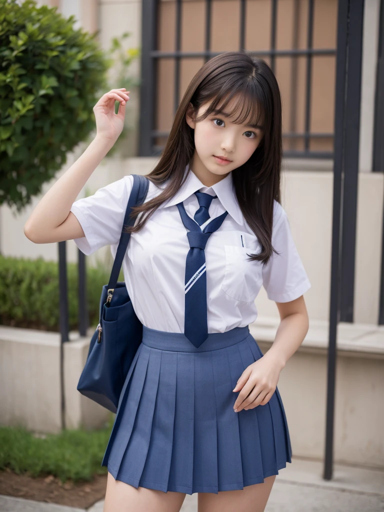   highest resolution  , 4K, masterpiece, High school girl,uniform, 18 years old, woman&#39;photograph,  (( beautiful posture))、Big Eyes,  clevis、Thighs, Realistic teeth, double eyelid, (whole body),((Braided short tail)) Best Quality, Familiar, Beauty, Adorable, By the pond、Big Eyes、Droopy eyes、 looks, 