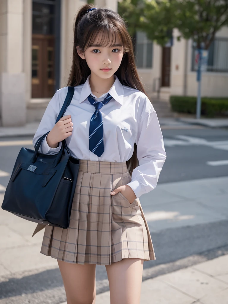   highest resolution  , 4K, masterpiece, High school girl,uniform, 18 years old, woman&#39;photograph,  (( beautiful posture))、Big Eyes,  clevis、Thighs, Realistic teeth, double eyelid, (whole body),((Braided short tail)) Best Quality, Familiar, Beauty, Adorable, By the pond、Big Eyes、Droopy eyes、 looks, 