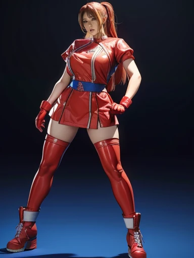  A heavyweight woman dressed in red and blue is standing as the character of Techn, Fighting game characters, 3d character art 8k, Asuka, テックンのキャラクターとして,  King of Fighters characters, Fighter Pose, Mirabelle Madrigal&#39;s Rendering, Combat pose, 3D Character Art, 8k octa-rendered photo, she&#39; micro bikini under translucent armor , Combat pose