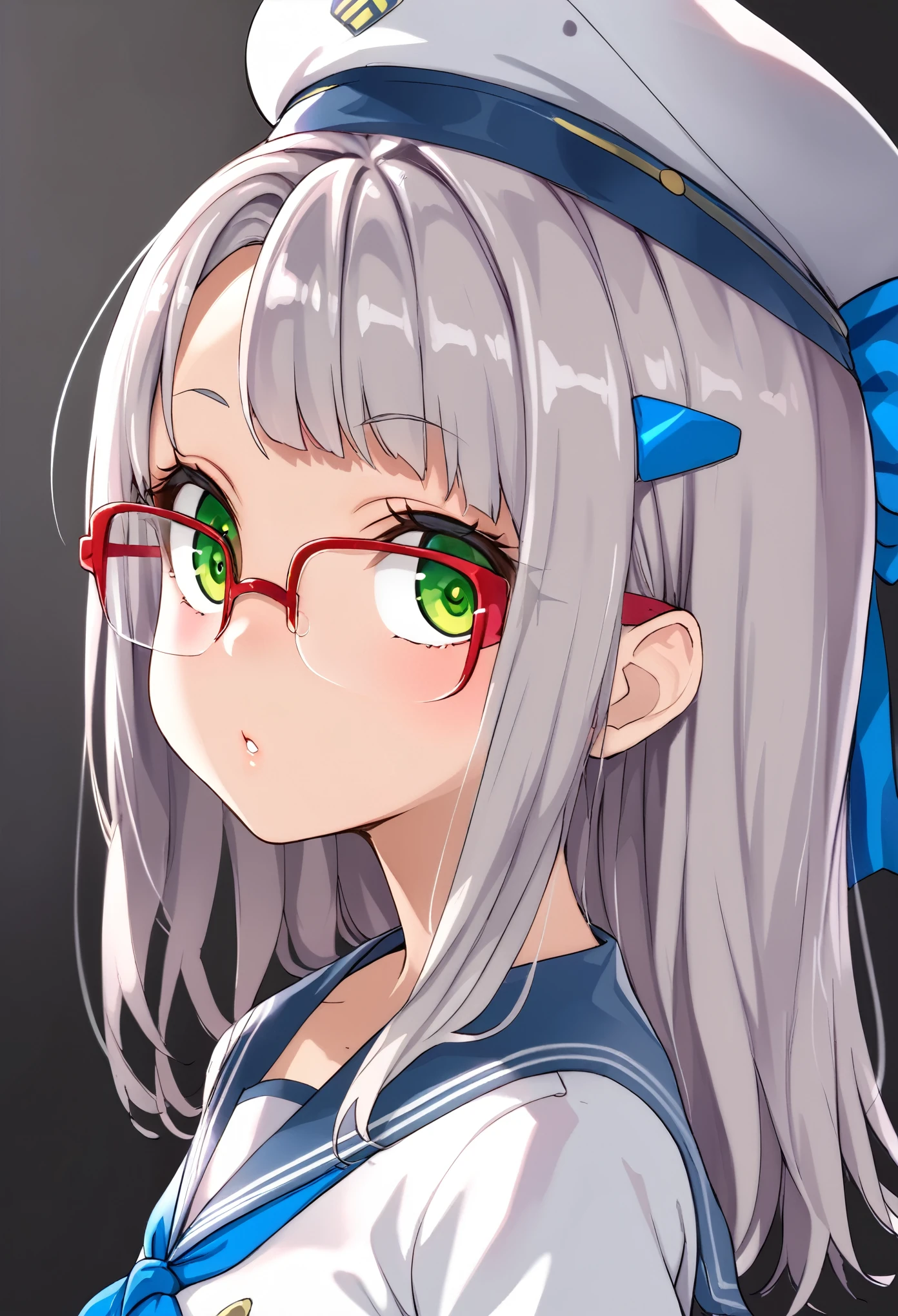 (超詳細なeye、詳細なface, super high definition、super high quality、eye),neon def, green eyes, grey hair, bangs, long hair, glasses, hair bow, hairclip, beret, blue sailor collar,  blue neckerchief, white shirt,Turn around、Rear view、(Surprise、A funny expression,panic),Overreaction、Glowing Glasses、 upper body,face