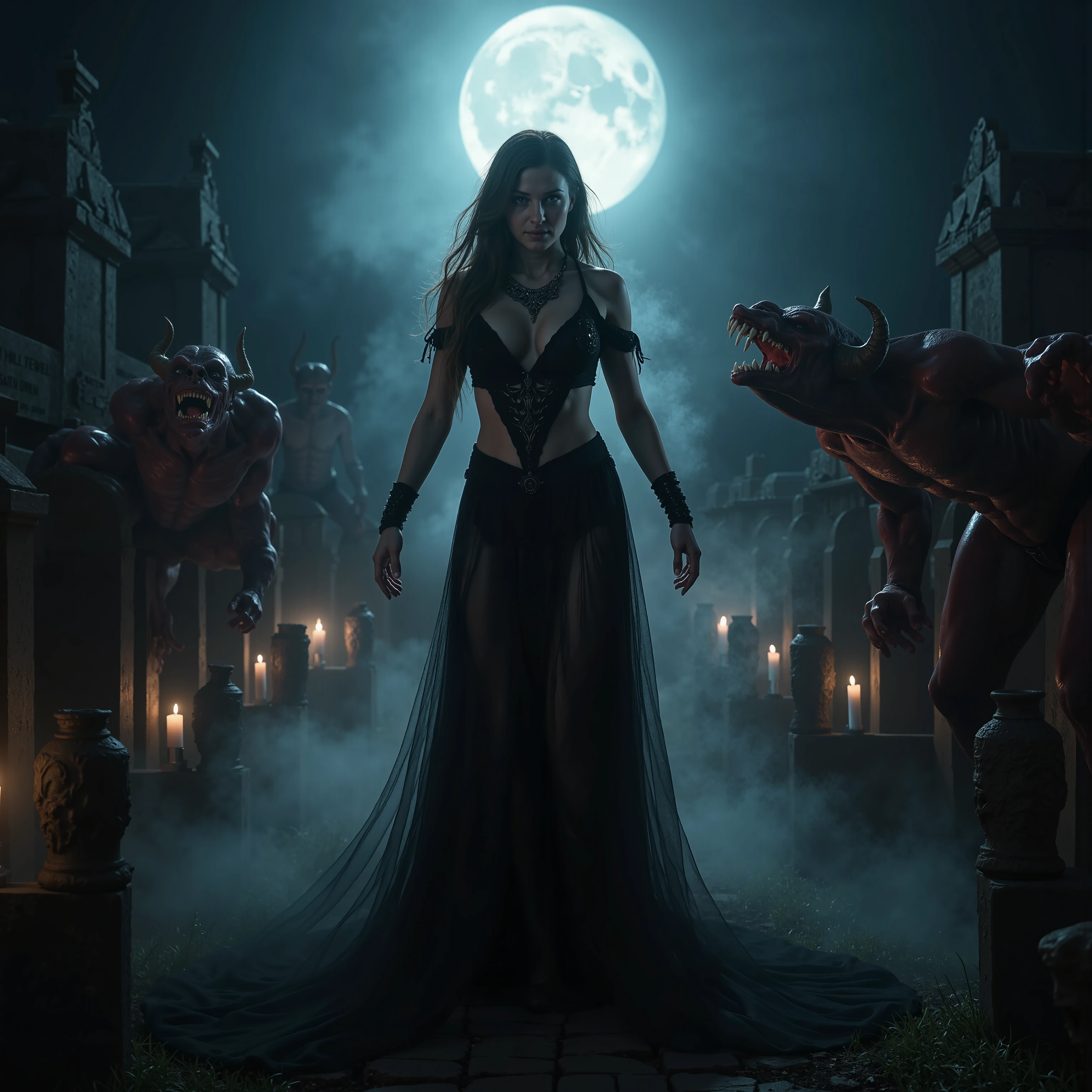 In a dimly lit, eerie cemetery at dusk, a ravishing female wizard stands tall, her intricate Wiccan makeup shimmering under the faint moonlight. Her large breasts are prominently displayed as she gazes defiantly at the snarling, hellish DEVIL SPAWN lurking before her. Sharp candlelight and shadows dance across the gravestones, casting an otherworldly glow on the scene. Ethereal mist swirls around her ankles, as if the very veil between worlds is thinning. The horizon stretches out in a panoramic vista of darkness, with the wizard's figure silhouetted against the malevolent forces gathering behind her. Captured with photorealistic precision using ray tracing and 8K resolution, this masterpiece of imagery commands attention, earning top honors at any award show.