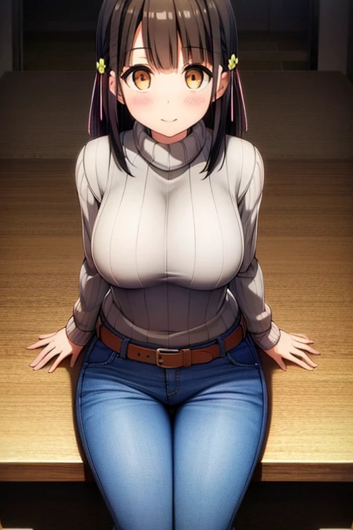 yui hanasaka \(casual\) \(one room\), bangs, belt, black_hair,(close mouth),smile, blush, breasts, brown_eyes, black_hair, cowboy_shot, eyebrows_visible_through_hair, hair_ornament, long_sleeves, looking_at_viewer,high blue jean, long jean, ribbed_sweater, sleeves_past_wrists, sweater, turtleneck, turtleneck_sweater, white_sweater, huge chest, thick legs, sitting down, chair