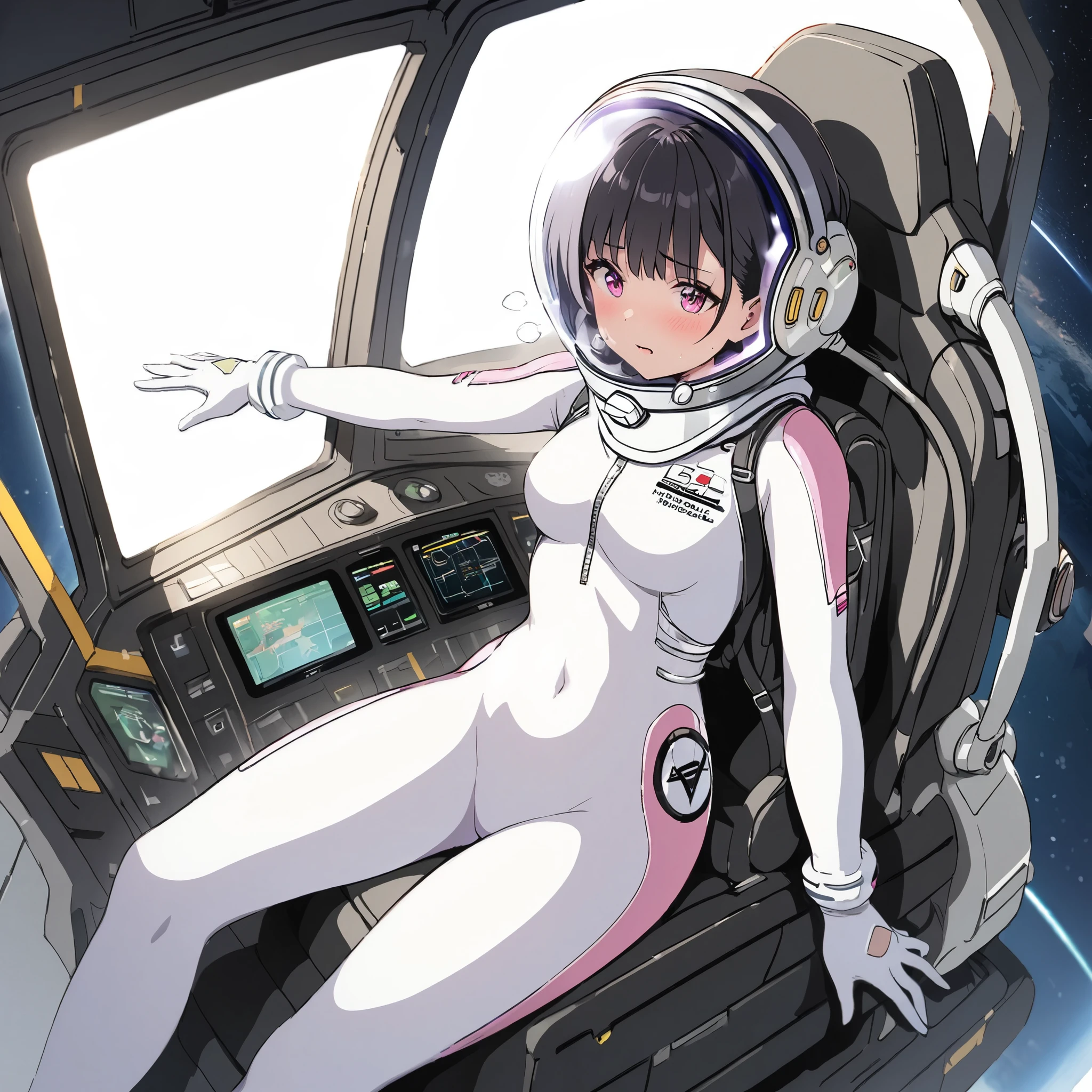 1人of女of子,Alone,short hair,(Space Suit:1.15), Black Hair Space Helmet ,whole body, indoor, masterpiece of the highest quality, trembling, difficulty breathing, bodysuit,Lumine , Bubble Helmets , short hair, backpack,gloves,blush,internal (cockpit) of (Futuristic spaceship:1.6), Sitting on narraw futuristic spacecraft cockpit seat, Covered navel, short hair
