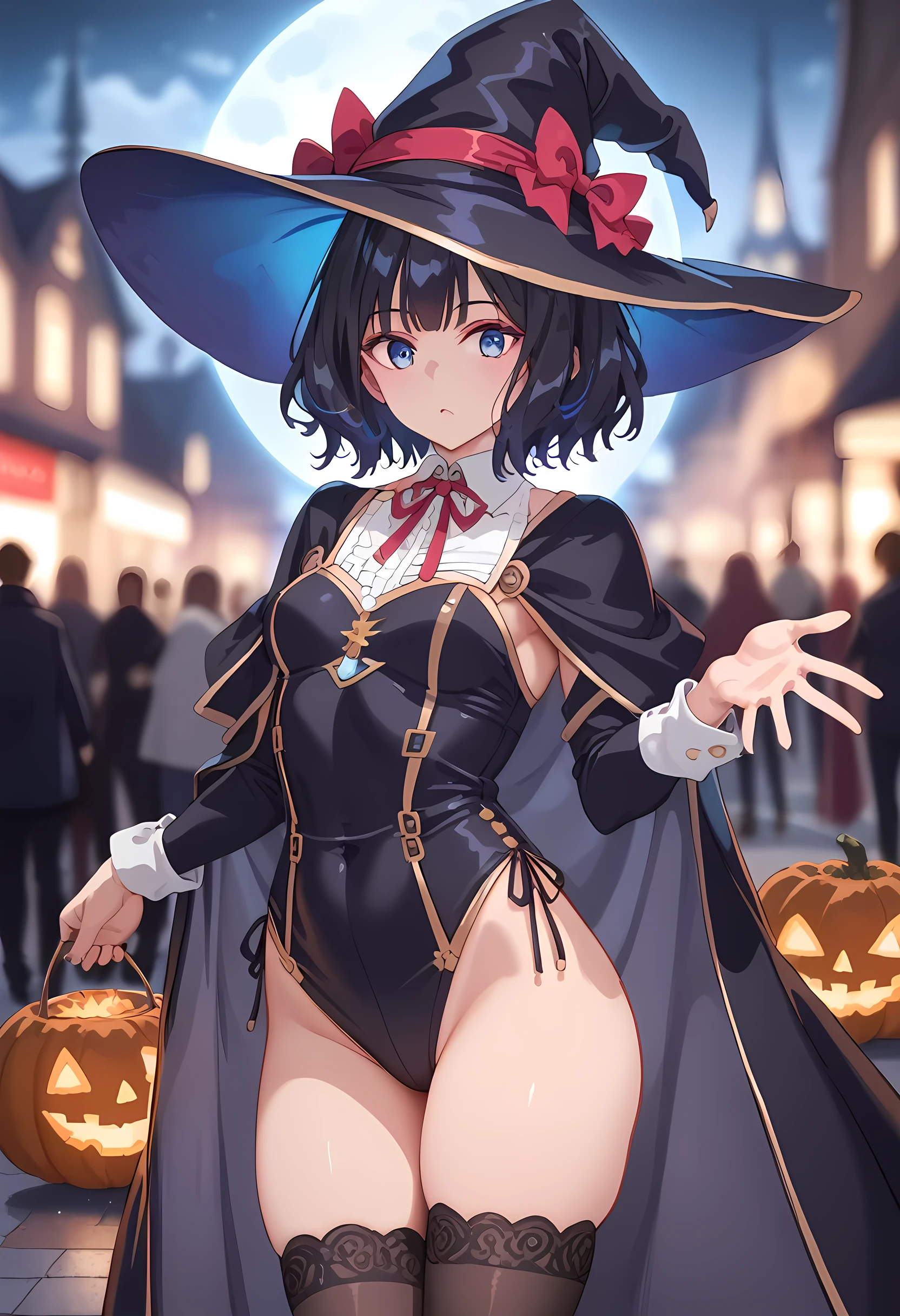 score_9, score_8_superior, score_7_superior, masterpiece, best quality, absurdres, high_fidelity, vibrant, sauce_anime, (rating_explicit:1.0), masterpiece, Highest quality, Adorable, TinoShade, medium hair, black hair, blue eyes, hair bow, red bow, Halloween Witch, witch hat, Thick thighs, Reaching out, Jack-o-lantern, Crowd of monsters, Night street, Dark moody lighting, dramatic fog, (Blurred Background:1.5), (soft focus:1.2), out-of-focus highlights, dreamy ambiance, glowing circles, mesmerizing depth, AissistXLv2