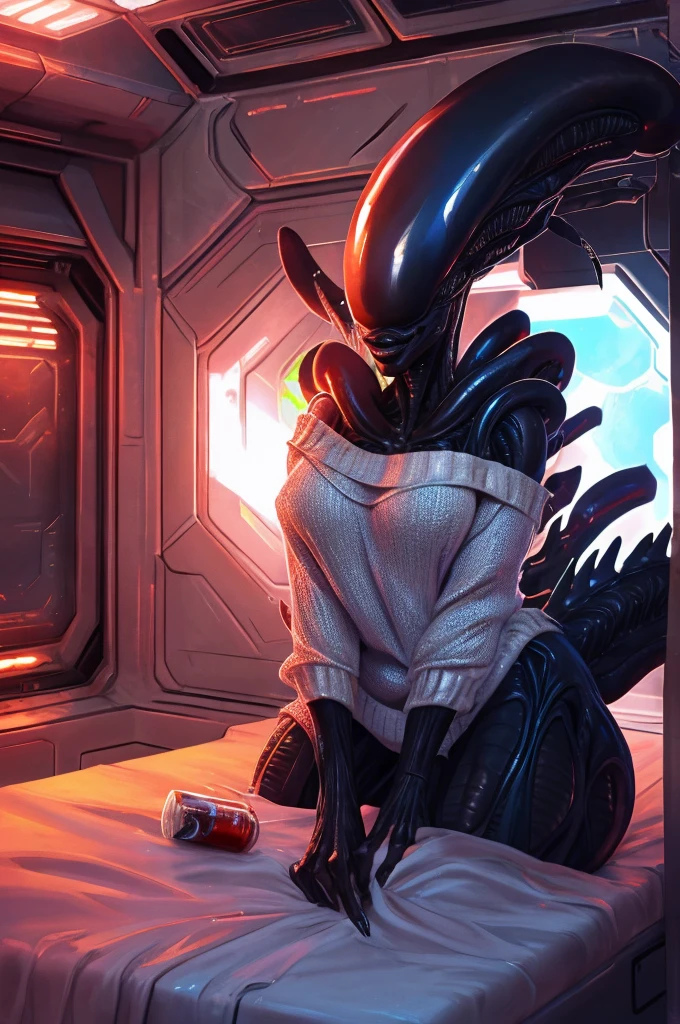 a highly detailed 4k image of an alien woman, xenomorph, 1 woman, beautiful detailed lips, extremely detailed face (no eyes),  voluptuous body, cola, pronounced hips, thick thigths , curves, curvilinear,  Big breasts, perfect fingers, black nails, ((Clothes, white sweater, bare shoulders, without pants)), (( inside a room on a spaceship, on a bed, white sheets)) (mirada 3/4), suggestive smile, lewd smile,  flirty smile,  intricate details , intimate lighting, cinematic atmosphere, dark sci-fi, moody colors, deep shadows, glowing highlights