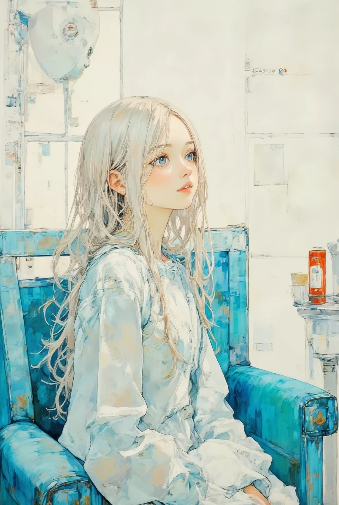 painting of a cute girl sitting on a blue chair, aesthetic girl,  digital painting, elegant , in a oil painting style, in a painting of a white hair girl, high quality digital painting, elegant digital painting, cute portrait, painting of a girl, painting of beautiful,digital art oil painting