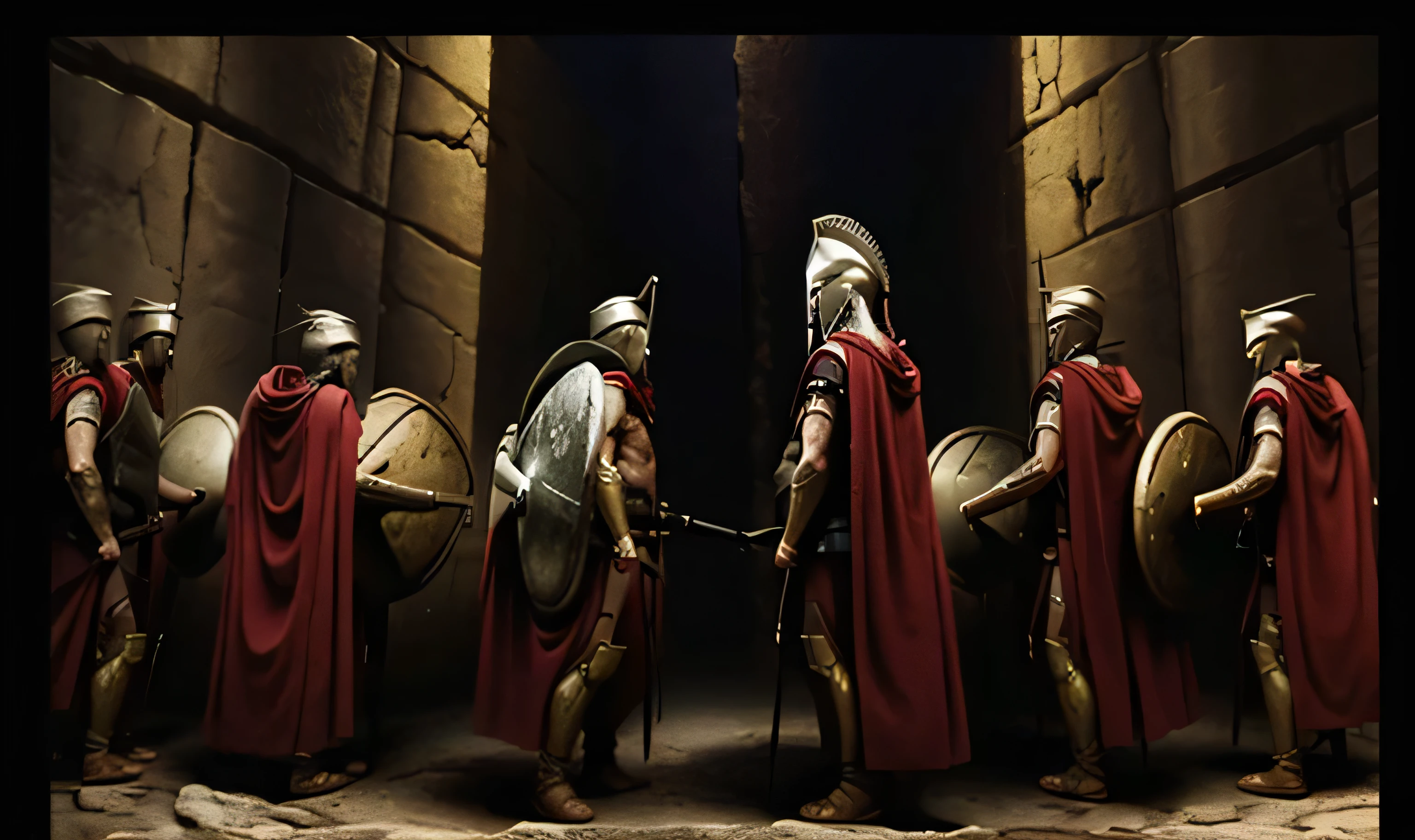  300sprtns ,  otherworldly , best quality, masterpiece, trending on arstation,  ancient Greeks ,  ancient Spartans ,  red cloaks ,  round se , Spears ,  Corinthian helmet, Men,