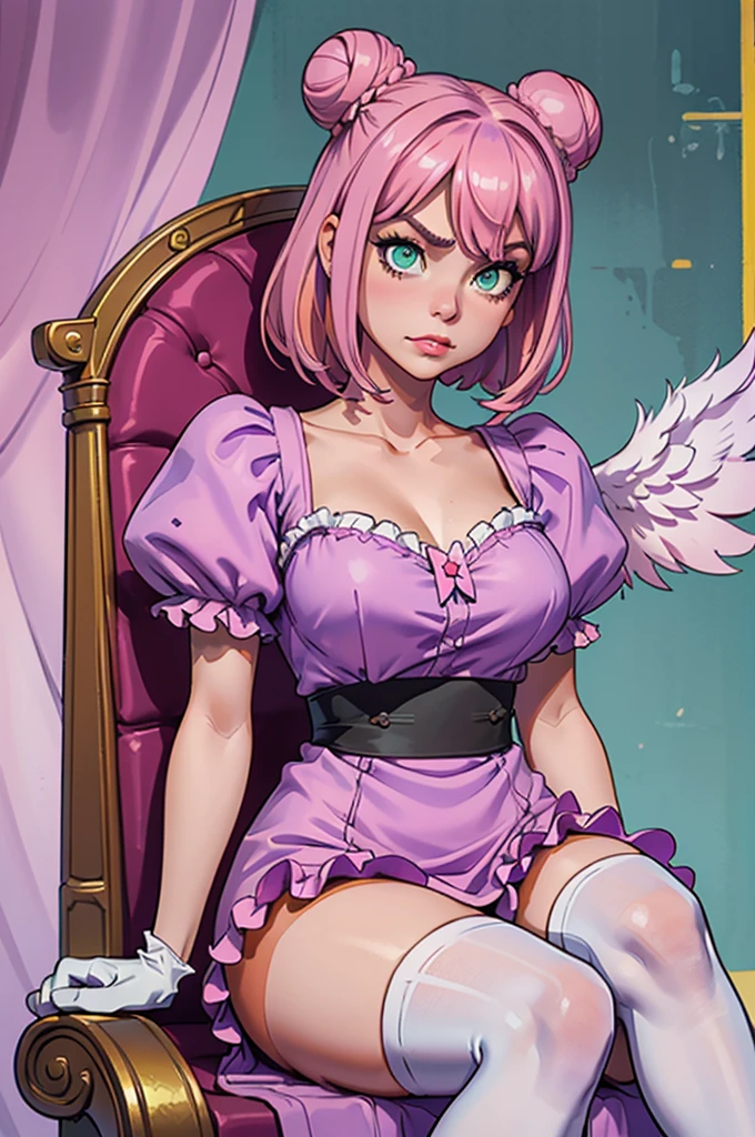 (mejor calidad, Obra maestra), mirando abajo, viento, Partícula, parte superior del cuerpo, 1 girl, ((angel wings)), ((pink skin)), red lips, short hair, (((loose hair))), (((two buns hair))), ((lilac hair)), ((green eyes)), big breast, (((very lilac clothes))), (white gloves), ((lilac bouffant dress)), ((white stockings)), frowning, ((insane face angry)), fringe hair, (smiling), hair bangs, ((sitting in a throne)), white panties