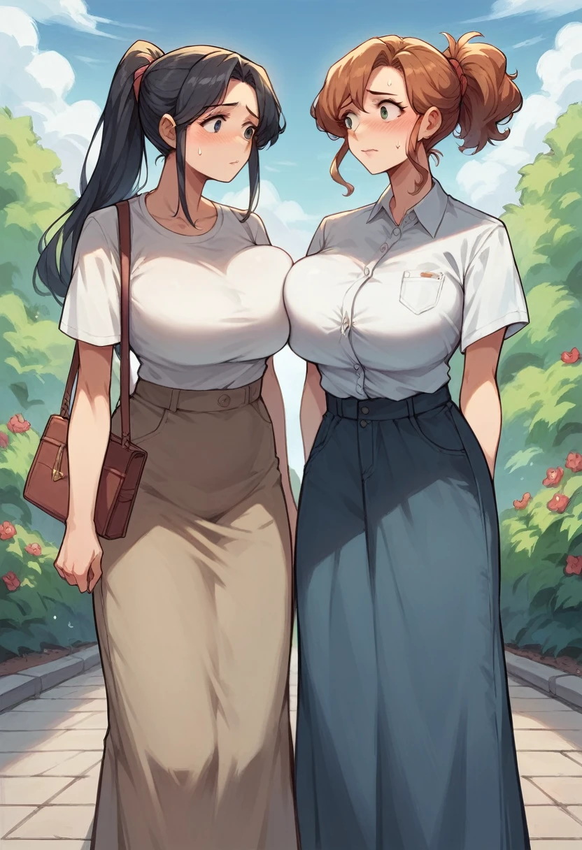 2heads, a short chubby woman with 2 heads. She has gigantic breasts. She is outside in a village in a sunny day. She looks happy. She is blushing. Her breasts are immense. She is wearing a sweater and jeans. She has long hair. Her nipples are noticably huge and erect, poking through her sweater. She has gigantic breasts.