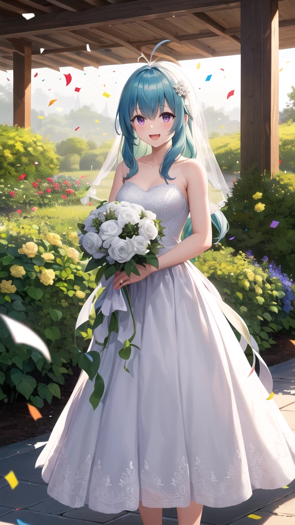 masterpiece, best quality, highres, aarej, solo, long hair, antenna hair, purple eyes, wedding dress, white dress, standing, cowboy shot, holding bouquet, smile, open mouth, confetti, garden,