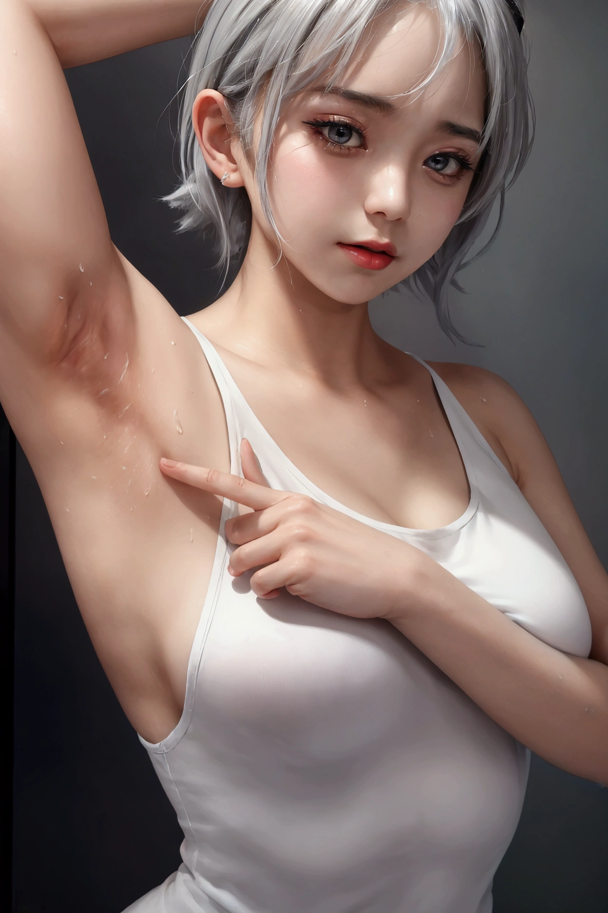 Beautiful girl named Rita, with Thick Armpit, lift her Arm to show her Armpit. Silver hair, Wearing tight white tank top, smelly, sniff Armpit, sweaty, Armpit lick, lesbian, Korean, dominant, Armpit fetish