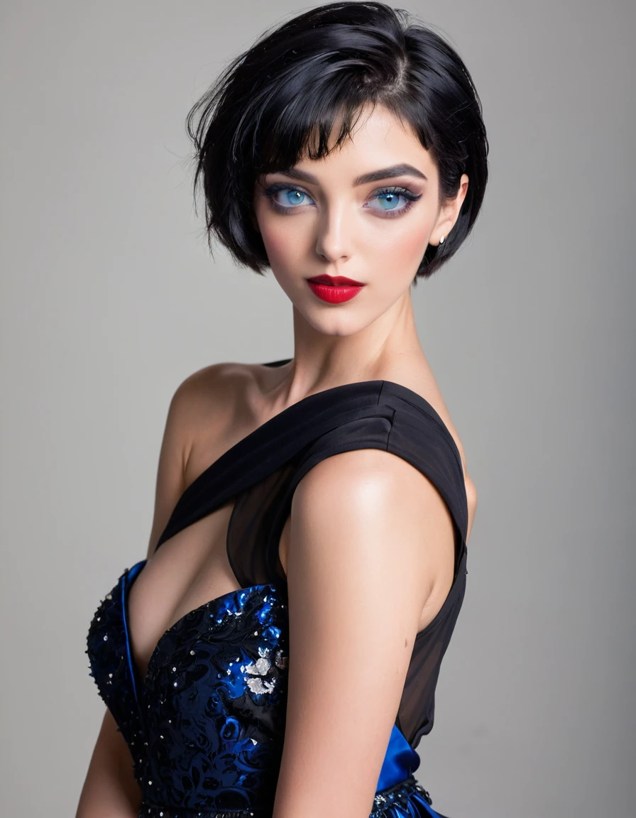 1girl, solo, looking at viewer, short hair, blue eyes, black hair, dress, bare shoulders, upper body, sleeveless, dutch angle, makeup, lipstick, eyeshadow