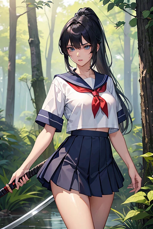 最High image quality, masterpiece, 4K, High image quality,  super high definition, Highest level of detail, CG drawing（ one cool adult seductive woman、）Hair、Black Hair、It has a glossy finish.。 Hairstyle、Long Hair、 straight、High ponytail。  split bangs （The sideburns are、It is jumping。 長めの前Hair、Take it down、I will flush。）( sexy、She is a female swordsman.。 It is overflowing with seductive charm.。）He&#39;s quite tall.、Slender、Boobs、Big beautiful breasts。 （Sexually、Attractive body、Sharp、Limbs））Female swordsman with a Japanese sword。
。 （ and 、Sharp Eye、 long lashes ）（Blue Eyes。 beautiful eyes、Beautiful Lips。）（Perfect、Beautiful eyes）（To the female swordsman、The elements of girls and girls、Not at all、Mature adult woman） school uniform。 Short-sleeved sailor suit、Belly button。  panties（Glossy、 navy blue ultra-short pleated mini skirt、）、Black socks。

(Deep Forest Friends、Tall 、Grassland friends、A female swordsman、Standing Alone)
（The female swordsman、With red cheeks、Angry expression）。
 narrow waist、 toned body。