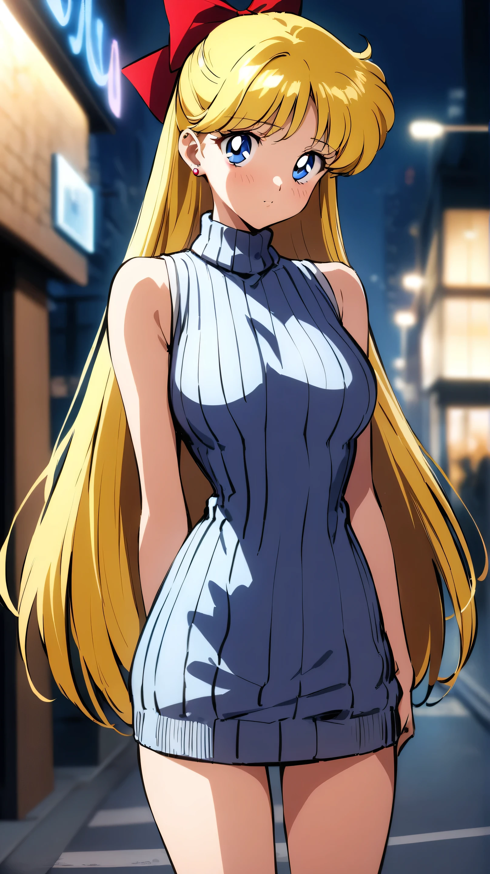 masterpiece, best quality, very aesthetic, absurdres, aavenus, long hair, blonde hair, hair bow, blue eyes, earrings, ribbed sweater, sweater dress, sleeveless, turtleneck, night, street, standing, cowboy shot,