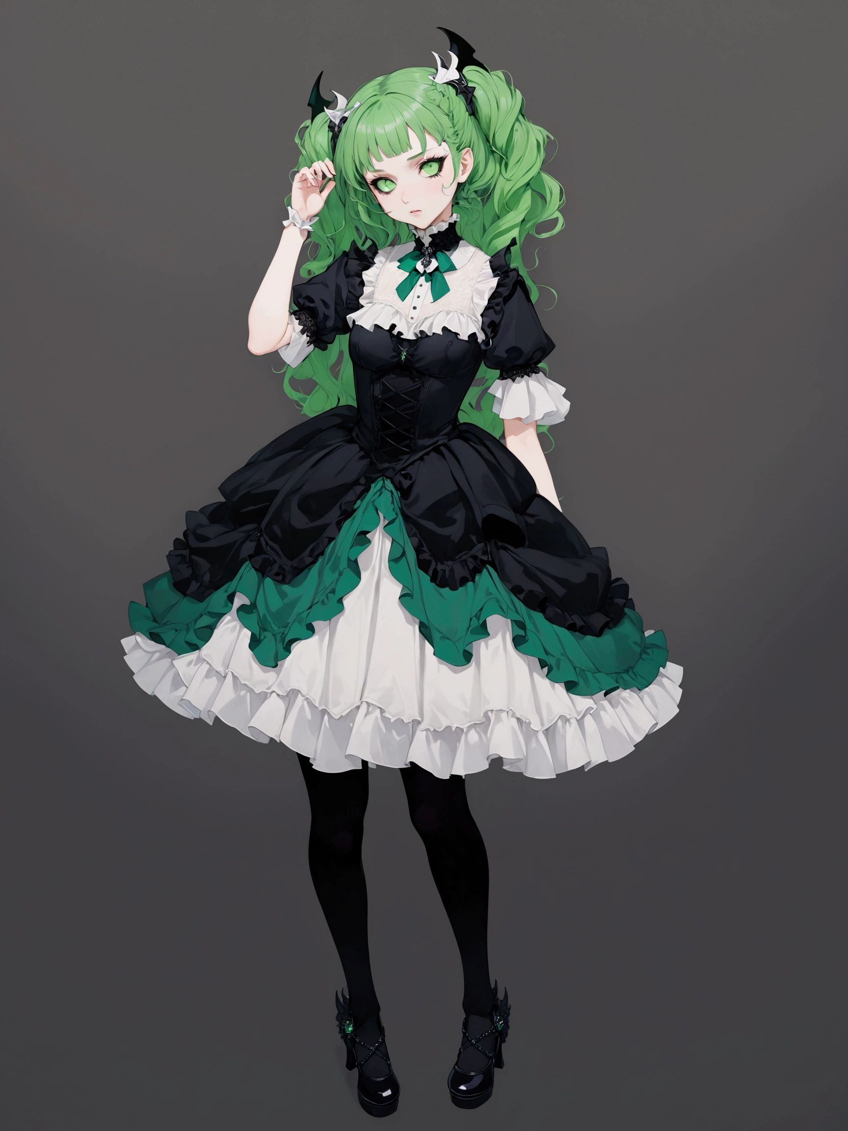 masterpiece, newest, highest quality, absurdres, ultra-detailed, safe, 1 anime goth girl, anime full body illustration, green wavy hair, (v-shaped short bangs), half tied in high twintails and the rest cascading down her back, white sclera eyes. wearing a gothic dress, 19th century, bat wings hair accessories, platform doll shoes, detailed frills, solo focus