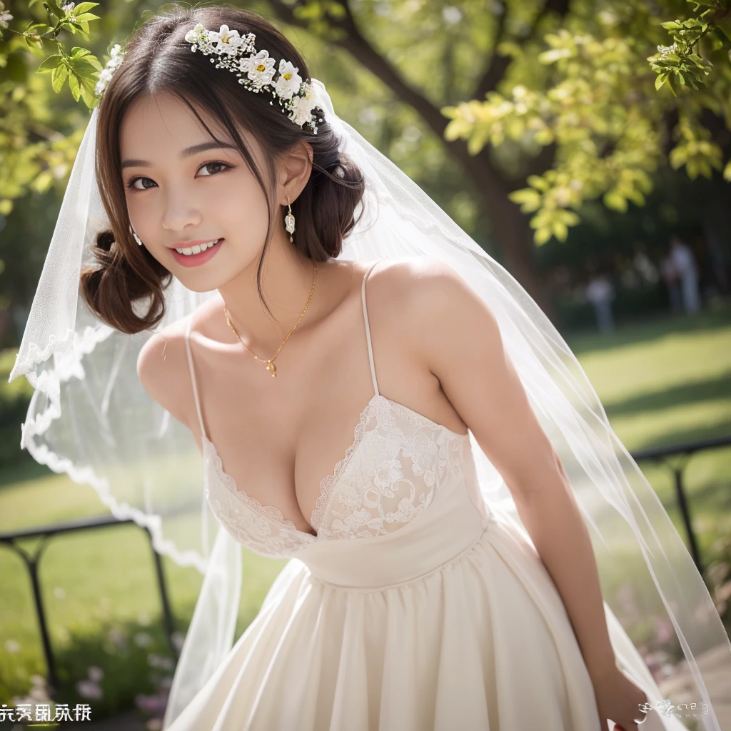 (1girl), ponytail, Extremely cute face, Amazing face and eyes, (Highly detailed eyes, Highly detailed face), fresh, Very clean appearance, (Hyper-realistic, hight resolution), (Best Quality:1.4), (hyper quality), Authentic skin texture, Raw photo, (Realistic, Photorealsitic:1.37), highly detailed, Professional Photography, (beautiful lace bridal dress:1.5), (lace bridal dress with open front), (cleavage:1.2), (Bare shoulders), Smile slightly, (Staring at me), girl portrait, outdoors, Spring, cherry blossom season,