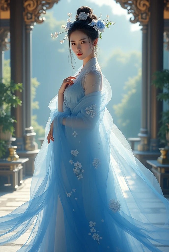 A woman in a blue and white dress、Woman with flowers on her head, Hanfu, palaces, Girls wearing Hanfu, blue Hanfu, white hanfu, Dressed in ancient Chinese costumes, ((beautiful fantasy queen)), ancient China Princess, Chinese, TRADITIONAL CHINESE COSTUMES, ancient Chinese costume, beautiful fantasy queen, China Princess, Traditional beauty,