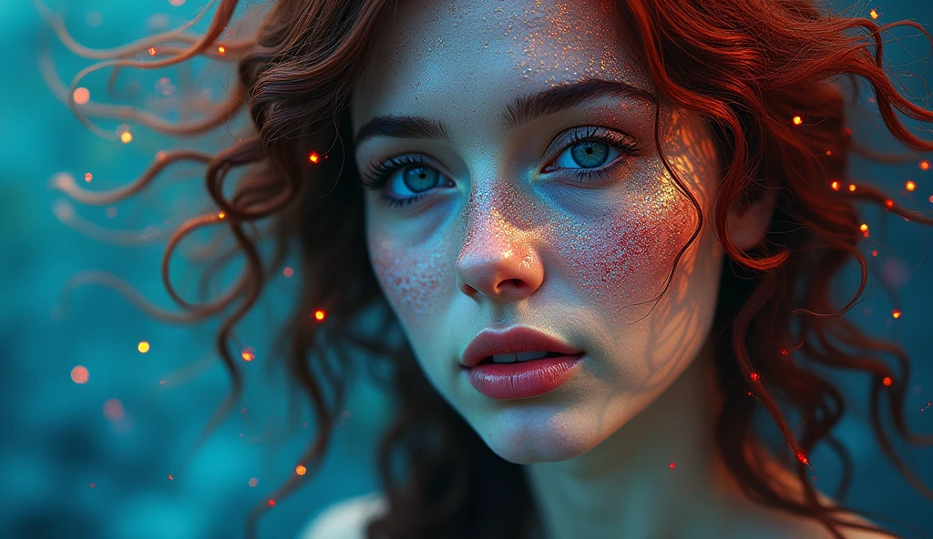 A human face of a beautiful woman with abundant long multicolored hair, very attractive transformed into binary code or pixels ,  with an attractive background for use as a YouTube video thumbnail