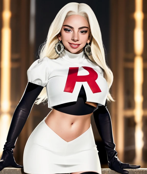 The face of Lady Gaga, 1girl, solo, Team rocket, team rocket uniform, red letter R, white skirt,white crop top,black thigh-high boots, black elbow gloves, earrings, large breasts, sexy pose, smile