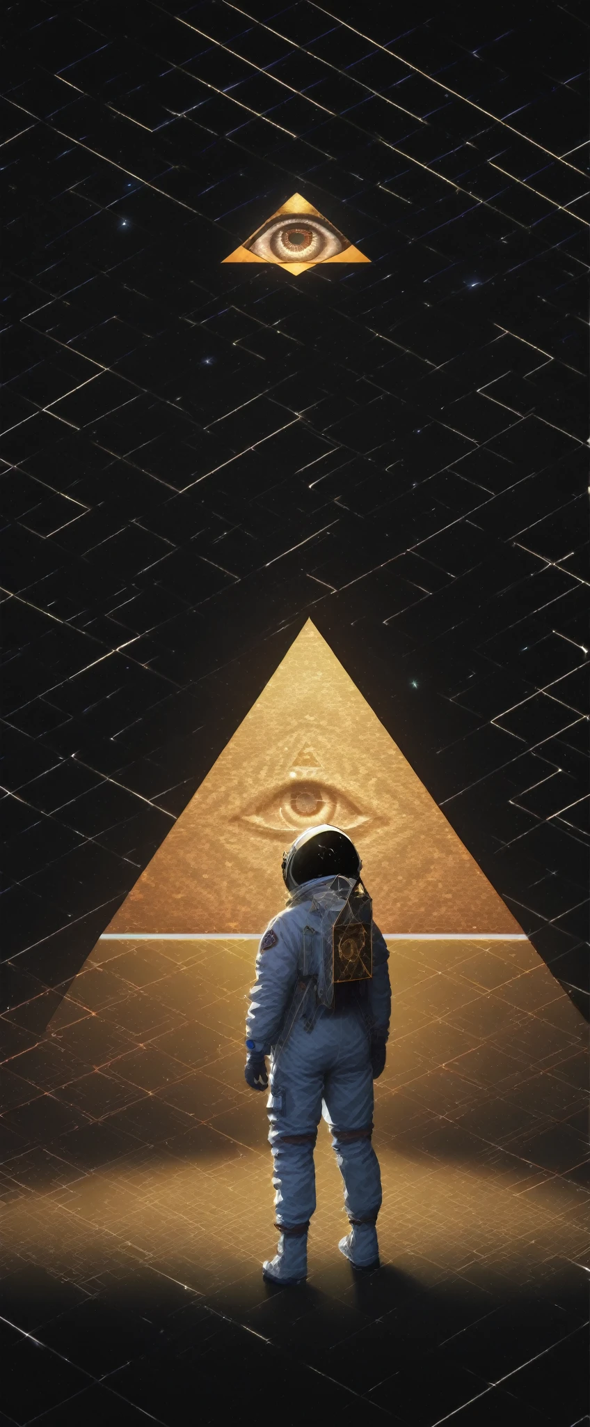 huge (Eye of Providence:1.2) in the sky,1boy\(astronaut, spacesuit, (from back:1.6), standing on asteroid, (astronaut looks so small from far away:1.8), looking up\),Eye of Providence\(so huge, (geometric:1.6),(baklit)\), BREAK ,background\(Eye of Providence in the sky, space, stars\), long shot, long view, low brightness, BREAK ,quality\(8k,wallpaper of extremely detailed CG unit, high resolution, top-quality, top-quality real texture skin, hyper realistic, increase the resolution, RAW photos, best quality, highly detailed, the wallpaper,golden ratio,high saturation realism, vibrant colors, dramatic lighting, persuasive storytelling, atmospheric scenery, captivating visuals, intricate details, strong emotions,dreamlike world\)