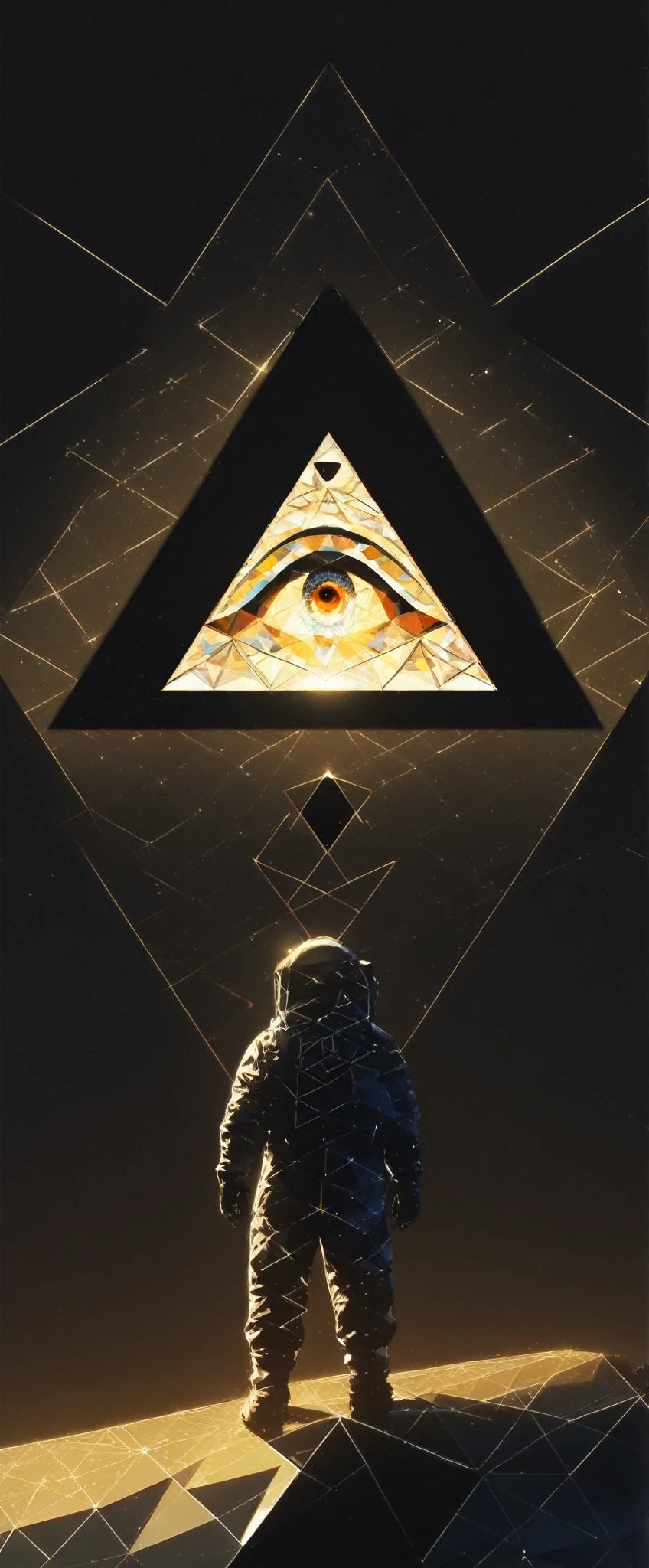 huge (Eye of Providence:1.2) in the sky,1boy\(astronaut, spacesuit, (from back:1.6), standing on asteroid, (astronaut looks so small from far away:1.8), looking up\),Eye of Providence\(so huge, (geometric:1.6),(baklit)\), BREAK ,background\(Eye of Providence in the sky, space, stars\), long shot, long view, low brightness, BREAK ,quality\(8k,wallpaper of extremely detailed CG unit, high resolution, top-quality, top-quality real texture skin, hyper realistic, increase the resolution, RAW photos, best quality, highly detailed, the wallpaper,golden ratio,high saturation realism, vibrant colors, dramatic lighting, persuasive storytelling, atmospheric scenery, captivating visuals, intricate details, strong emotions,dreamlike world\)