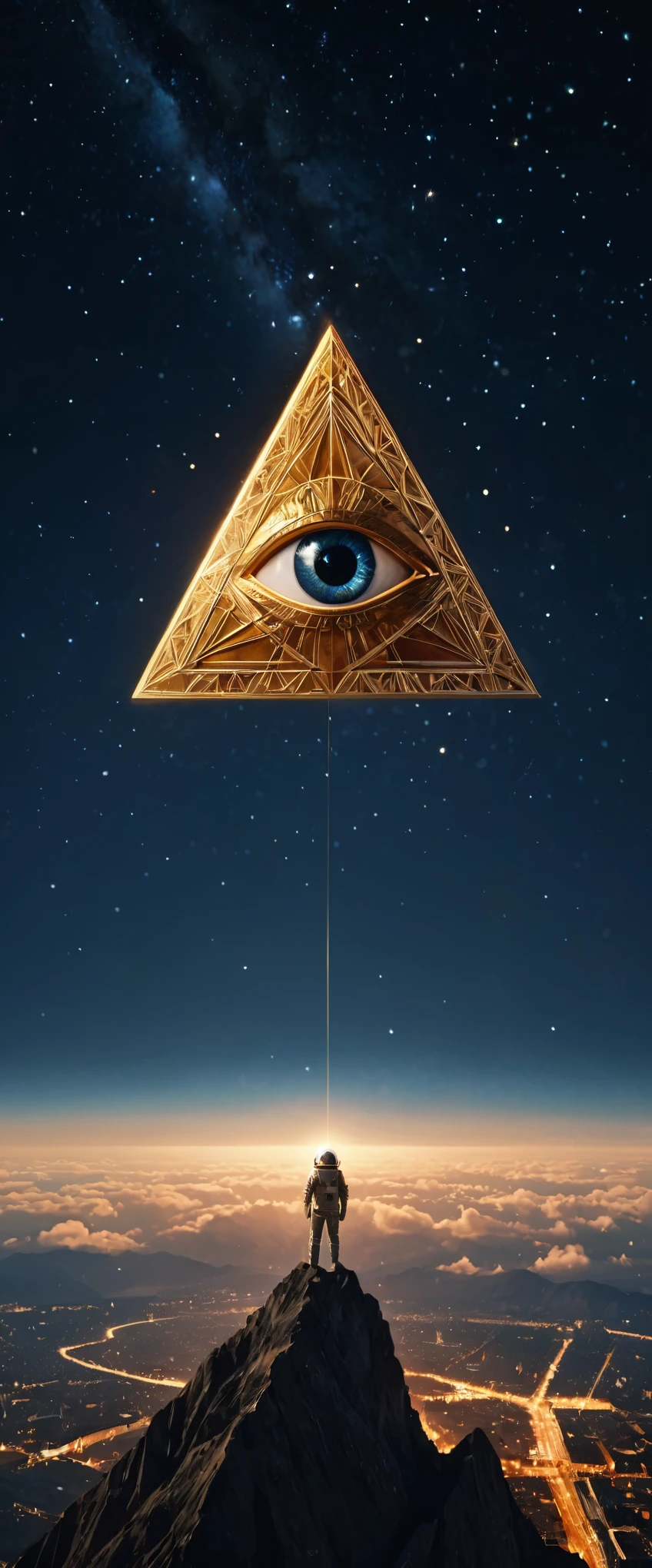 huge (Eye of Providence:1.4) in the sky,1boy\(astronaut, spacesuit, (from back:1.6), standing on asteroid, (astronaut looks so small from far away:1.8), looking up\),Eye of Providence\(so huge, (geometric:1.6),(baklit)\), BREAK ,background\(Eye of Providence in the sky, space, stars\), long shot, long view, low brightness, BREAK ,quality\(8k,wallpaper of extremely detailed CG unit, high resolution, top-quality, top-quality real texture skin, hyper realistic, increase the resolution, RAW photos, best quality, highly detailed, the wallpaper,golden ratio,high saturation realism, vibrant colors, dramatic lighting, persuasive storytelling, atmospheric scenery, captivating visuals, intricate details, strong emotions,dreamlike world\)