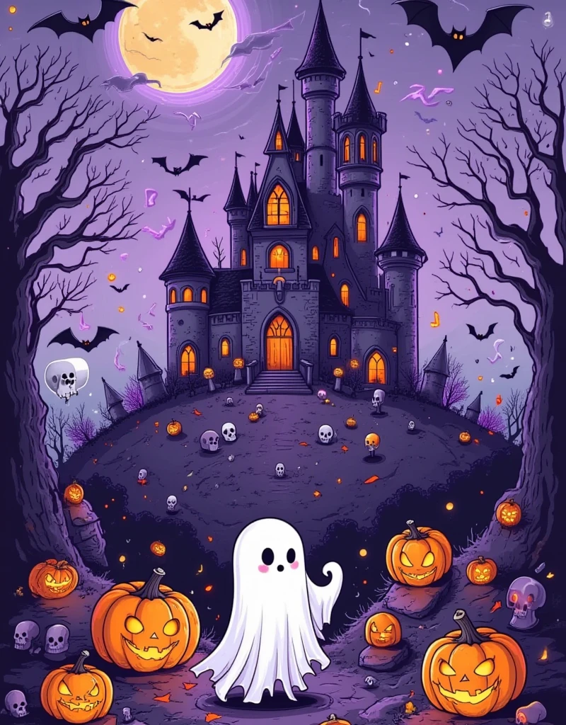 illustration of a castle surrounded by pumpkins, spider webs, and cute skulls on a purple background. "Happy Halloween" is written in large letters on the top of the poster. The poster features cute cartoon characters dressed as ghosts and bats, drawn with light black lines on white paper in the style of ZBrush, Disney animation, cute cartoon design, creating a cheerful Halloween atmosphere