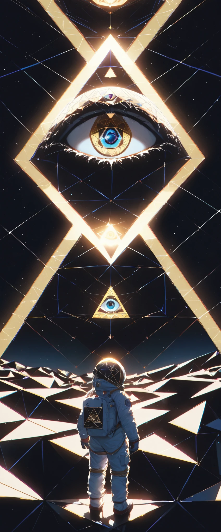 huge (Eye of Providence:1.4) in the sky,1boy\(astronaut, spacesuit, (from back:1.6), standing on asteroid, (astronaut looks so small from far away:1.8), looking up\),Eye of Providence\(so huge, (geometric:1.5),baklit\), BREAK ,background\(Eye of Providence in the sky, space, stars\), long shot, long view, low brightness, BREAK ,quality\(8k,wallpaper of extremely detailed CG unit, high resolution, top-quality, top-quality real texture skin, hyper realistic, increase the resolution, RAW photos, best quality, highly detailed, the wallpaper,golden ratio,high saturation realism, vibrant colors, dramatic lighting, persuasive storytelling, atmospheric scenery, captivating visuals, intricate details, strong emotions,dreamlike world\)