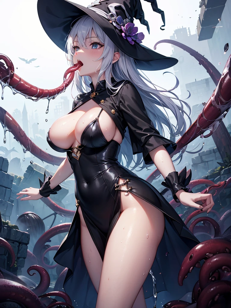 (  Details),  High image quality ,4K,witch,No.,Big Breasts,One Woman,(   wearing a hat   ), ボロボロの服を着てるwitch,(  my clothes are dissolved in the liquid of my tentacles ),(全身液体で濡れてるwitch),( Multiple tentacles are entangled  ),(  my tentacles are entangled in my mouth and chest  ),Dungeons,Ruins,sweat,(頬を赤くするwitch),(  excited expression  ),( please get dirty with your tentacles ),(眼にハートを浮かべて触手に喜ぶwitch),( liquid is flowing out of the tentacles ),Low angle