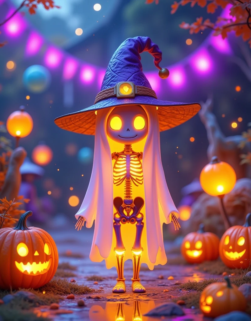  A Cartoon Ghost Doll ，Dissecting from the Middle ， Half Plastic Material ， Half Plastic Skull Skeleton ， Wears a Pointed Wizard Hat，Halloween pumpkin background， X-Ray Style Trendy Play ， Anatomical Style Doll ，OC Rendering，High-quality rendering，C4D， Ultra HD， Purple Orange Ambient Light 