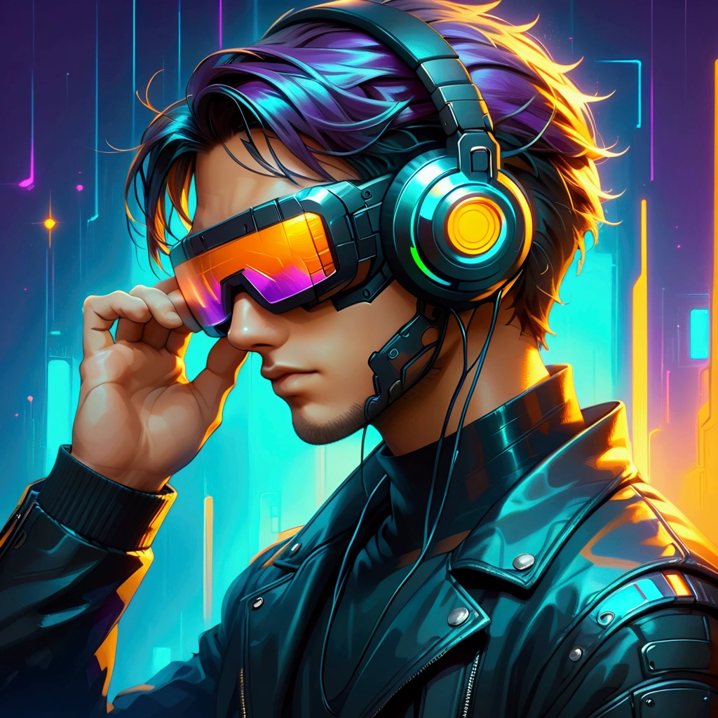 close-up, semi-lateral view, perfect head and face, a man from the future with synthwave style, (male), cyber punk style, ((He wears a futuristic high-necked black jacket with LED lights)), ((without helmet)), ((using headphones listening to music, covering their eyes with futuristic black virtual reality glasses)), One hand on the headphones, with very realistic textures and colors, minimalist, futuristic, with neon light rays and purple lights behind with orange sparkles, ((black background with dark blue and purple gradient)), lights and rays behind, flat illustration, minimalism, simplified, cartoon,