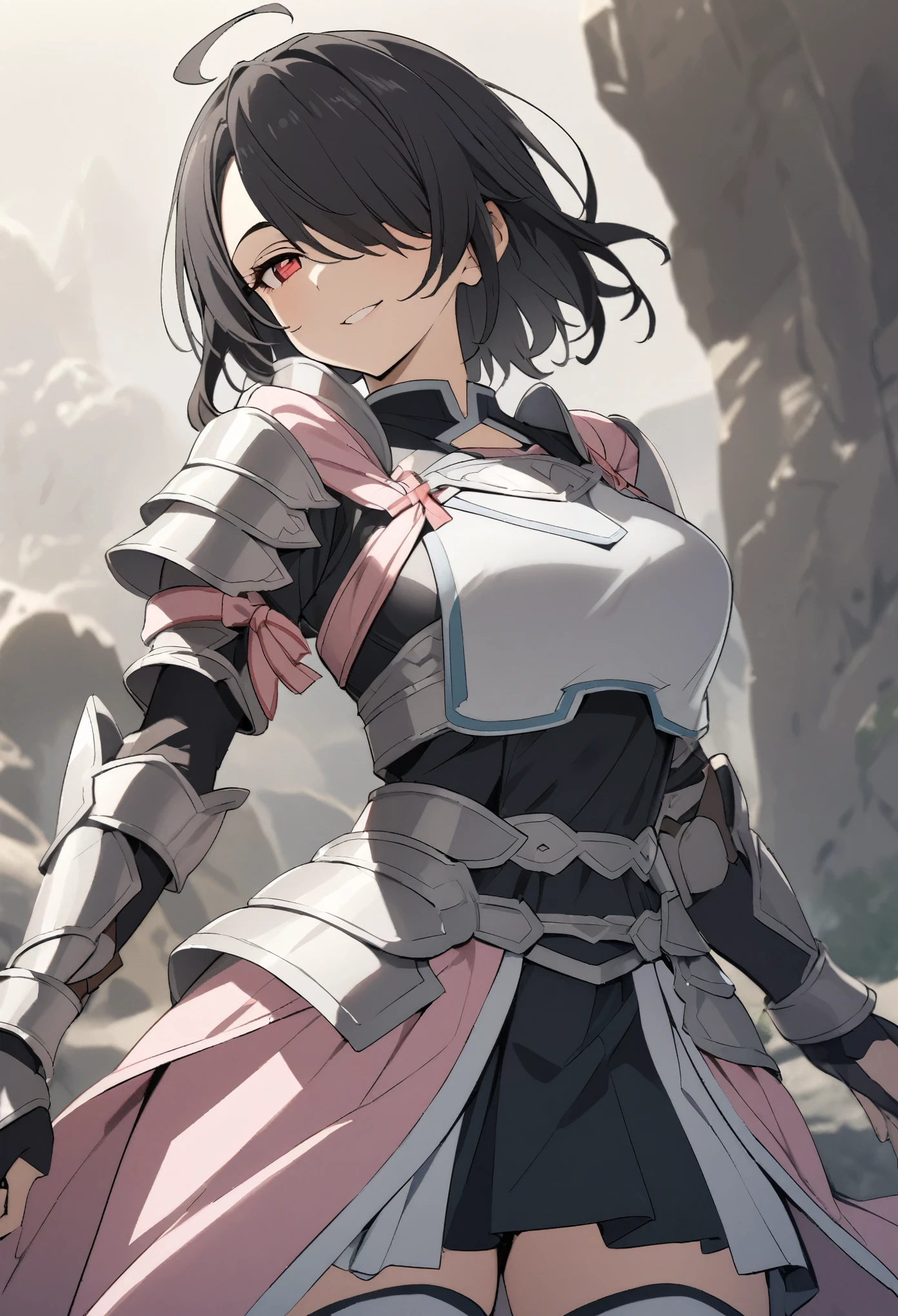 (high-quality, breathtaking),(expressive eyes, perfect face) 1girl, female, solo, mature, half open eyes, Alicization, Symmetrical Eyes, simple background, gentle smile, long hair, fantasy outfit, SAO inspired, maomao, armor, sword art online outfit, cowboy shot, medium full shot, black hair color, bangs, alluring red eyes, large breasts, knight attire, Bicep-high Gauntlets, Armored Boots, Thigh-high Heeled Boots, Armored Gauntlets, Adventurer gear, Skirt, black white and pink color palette, black clothes, light pink accents on clothes, hair between eyes, fluffy hair, half open eyes, hair over one eye, small Ahoge, bright red eye color, short hair, (NO braids in hair)