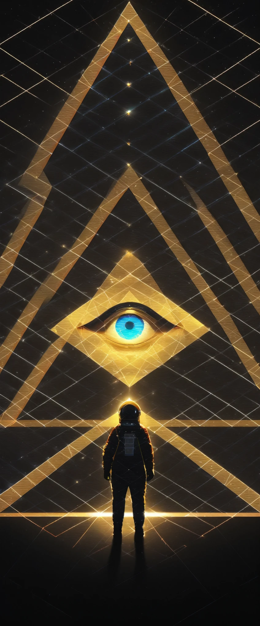 huge (Eye of Providence:1.2) in the sky,1boy\(astronaut, spacesuit, (from back:1.6), standing on asteroid, (astronaut looks so small from far away:1.8), looking up\),Eye of Providence\(so huge, (geometric:1.6),(baklit:1.4)\), BREAK ,background\(Eye of Providence in the sky, space, stars\), long shot, long view, low brightness, BREAK ,quality\(8k,wallpaper of extremely detailed CG unit, high resolution, top-quality, top-quality real texture skin, hyper realistic, increase the resolution, RAW photos, best quality, highly detailed, the wallpaper,golden ratio,high saturation realism, vibrant colors, dramatic lighting, persuasive storytelling, atmospheric scenery, captivating visuals, intricate details, strong emotions,dreamlike world\)