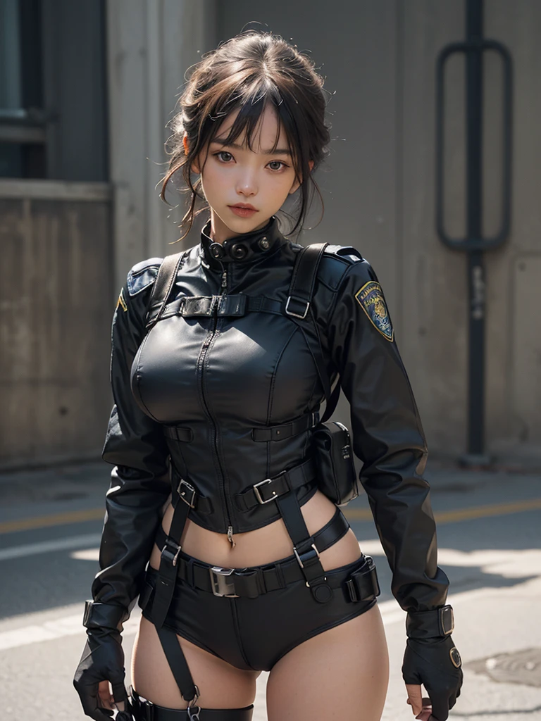 (Highest image quality, outstanding details, ultra-high resolution), (realism: 1.4), highly condensed 1 beautiful girl, with a delicate and beautiful face, ((cowboy shot)), (a bit chubby:0.4), (wearing black racing suit likes police uniform, black and grey mecha, wearing military harness), background simple grey concrete,     near-future military gears, ammo pouches, first aid kit pouch, (underboob), expression of kindness, holstered pistol,