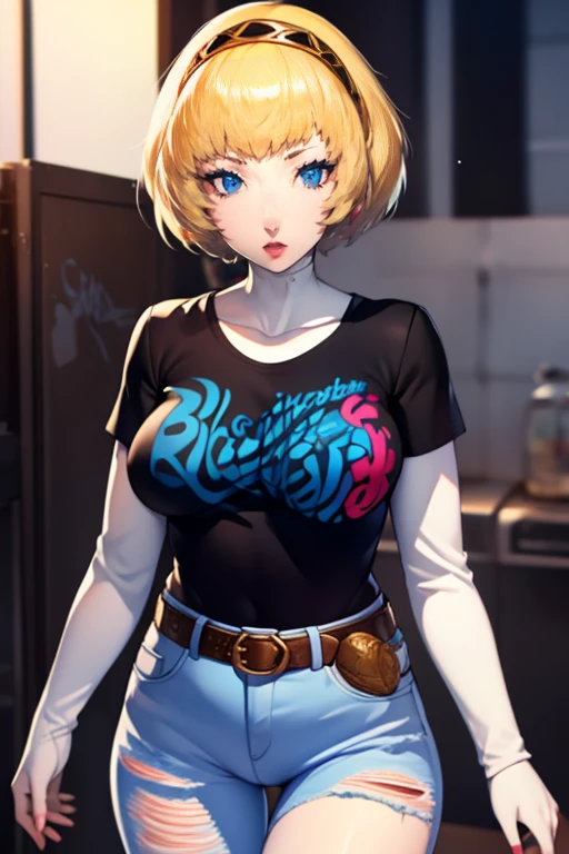 aegis, blonde hair, looking at viewer, 1girl, solo, black t-shirt, white shirt, blue jeans, belt, lipstick, large breasts
