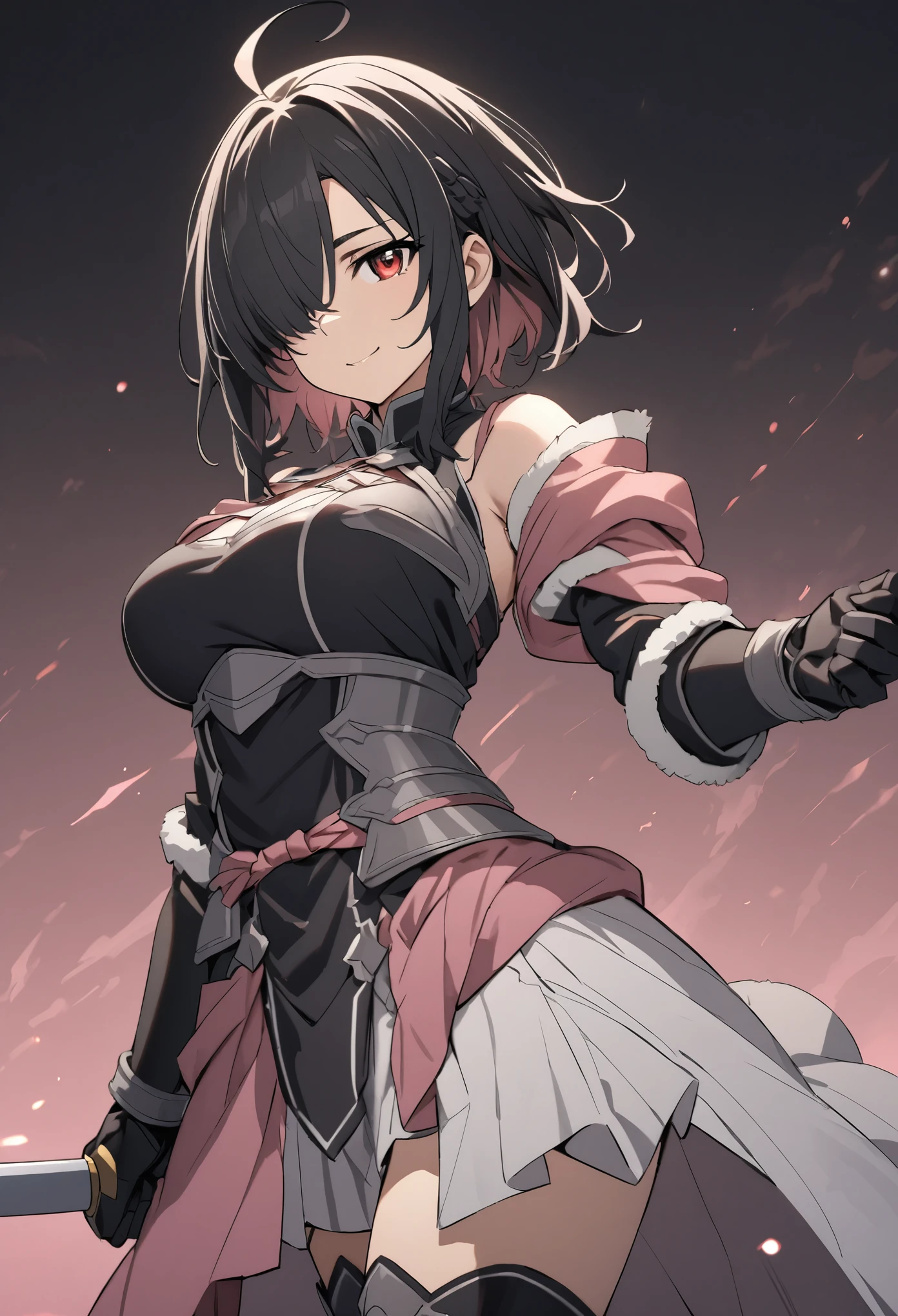 (high-quality, breathtaking),(expressive eyes, perfect face) 1girl, female, solo, mature, half open eyes, Alicization, Symmetrical Eyes, simple background, gentle smile, long hair, fantasy outfit, SAO inspired, maomao, armor, sword art online outfit, cowboy shot, medium full shot, black hair color, bangs, alluring red eyes, large breasts, knight attire, Bicep-high Gauntlets, Armored Boots, Thigh-high Heeled Boots, Armored Gauntlets, Adventurer gear, Skirt, black white and pink color palette, black clothes, light pink accents on clothes, hair between eyes, fluffy hair, half open eyes, hair over one eye, small Ahoge, bright red eye color, short hair, (NO braids in hair)