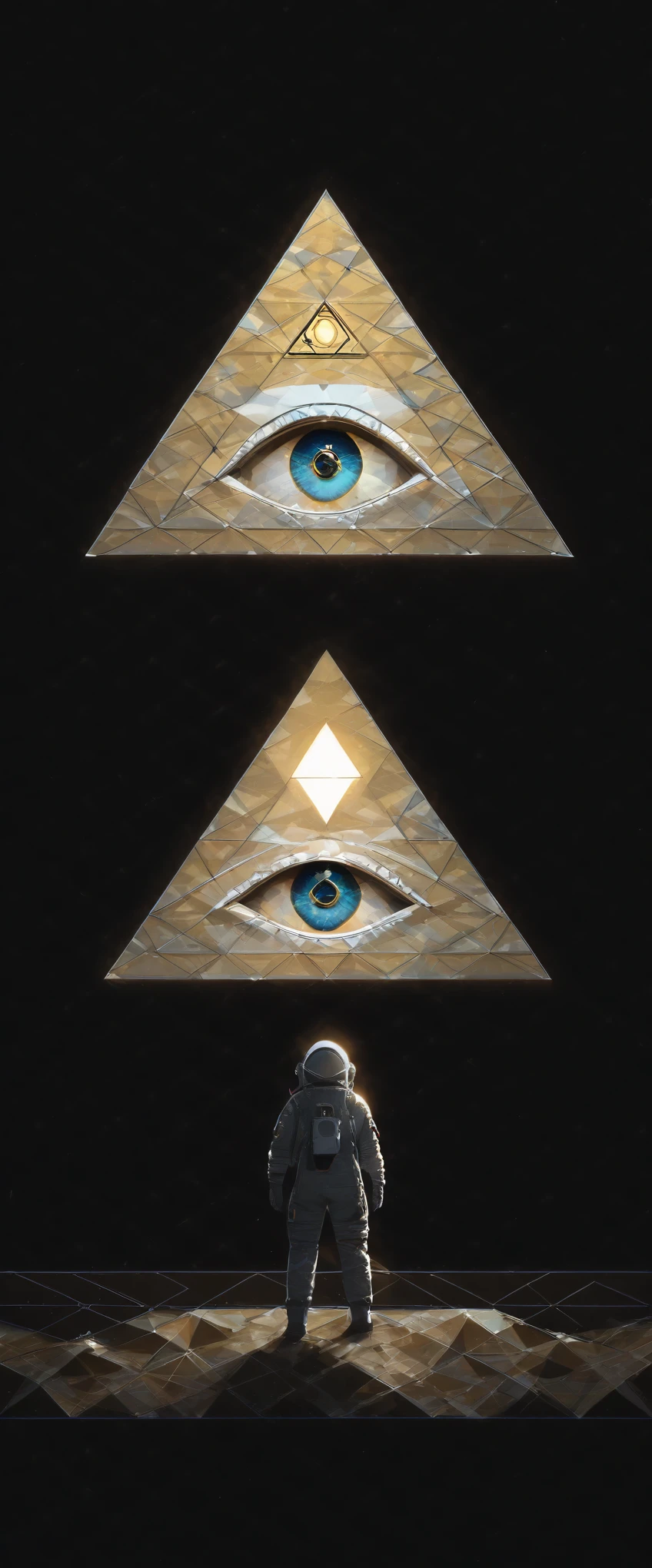 huge (Eye of Providence:1.2) in the sky,1boy\(astronaut, spacesuit, (from back:1.6), standing on asteroid, (astronaut looks so small from far away:1.8), looking up\),Eye of Providence\(so huge, (geometric:1.6),(baklit:1.4)\), BREAK ,background\(Eye of Providence in the sky, space, stars\), long shot, long view, low brightness, BREAK ,quality\(8k,wallpaper of extremely detailed CG unit, high resolution, top-quality, top-quality real texture skin, hyper realistic, increase the resolution, RAW photos, best quality, highly detailed, the wallpaper,golden ratio,high saturation realism, vibrant colors, dramatic lighting, persuasive storytelling, atmospheric scenery, captivating visuals, intricate details, strong emotions,dreamlike world\)