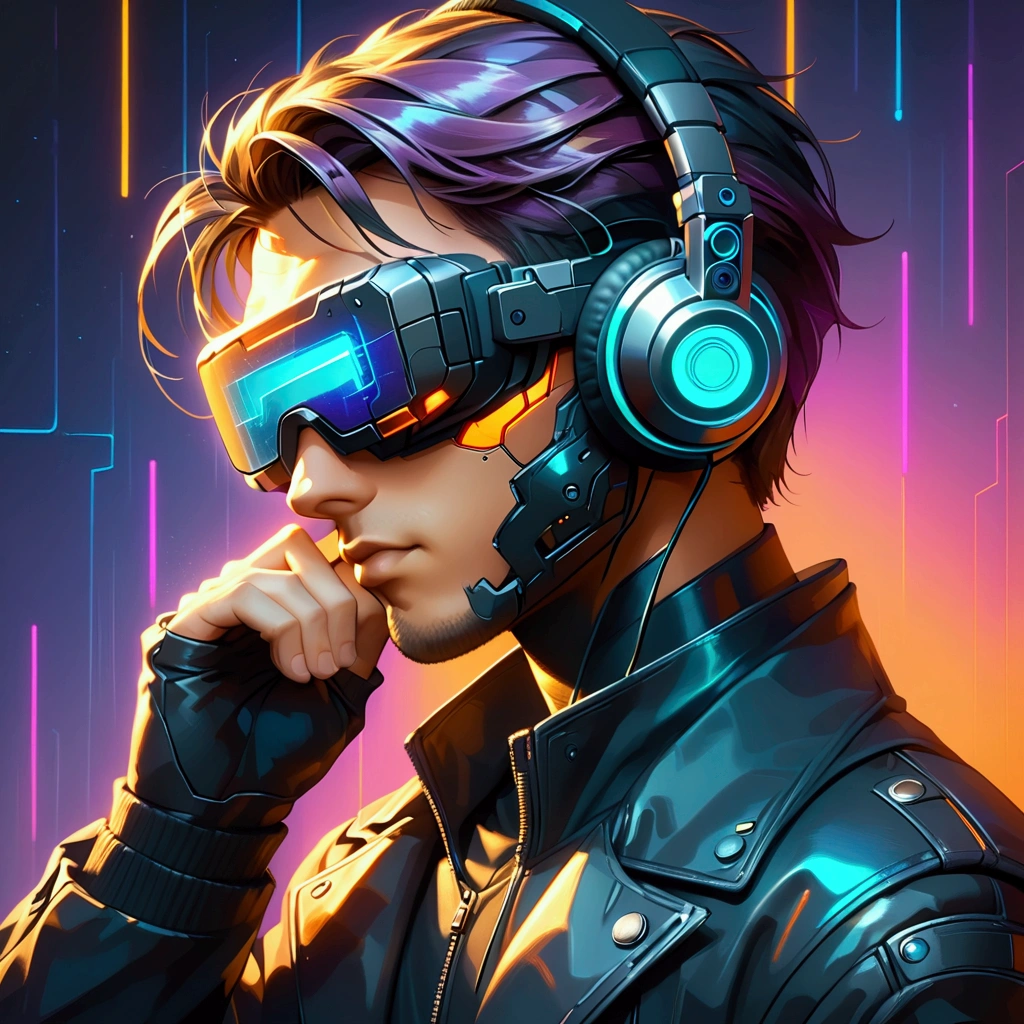 close-up, semi-lateral view, perfect head and face, a man from the future with synthwave style, (male), cyber punk style, ((He wears a futuristic high-necked black jacket with LED lights)), ((without helmet)), ((using headphones listening to music, covering their eyes with futuristic black virtual reality glasses)), One hand on the headphones, with very realistic textures and colors, minimalist, futuristic, with neon light rays and purple lights behind with orange sparkles, ((black background with dark blue and purple gradient)), lights and rays behind, flat illustration, minimalism, simplified, cartoon,