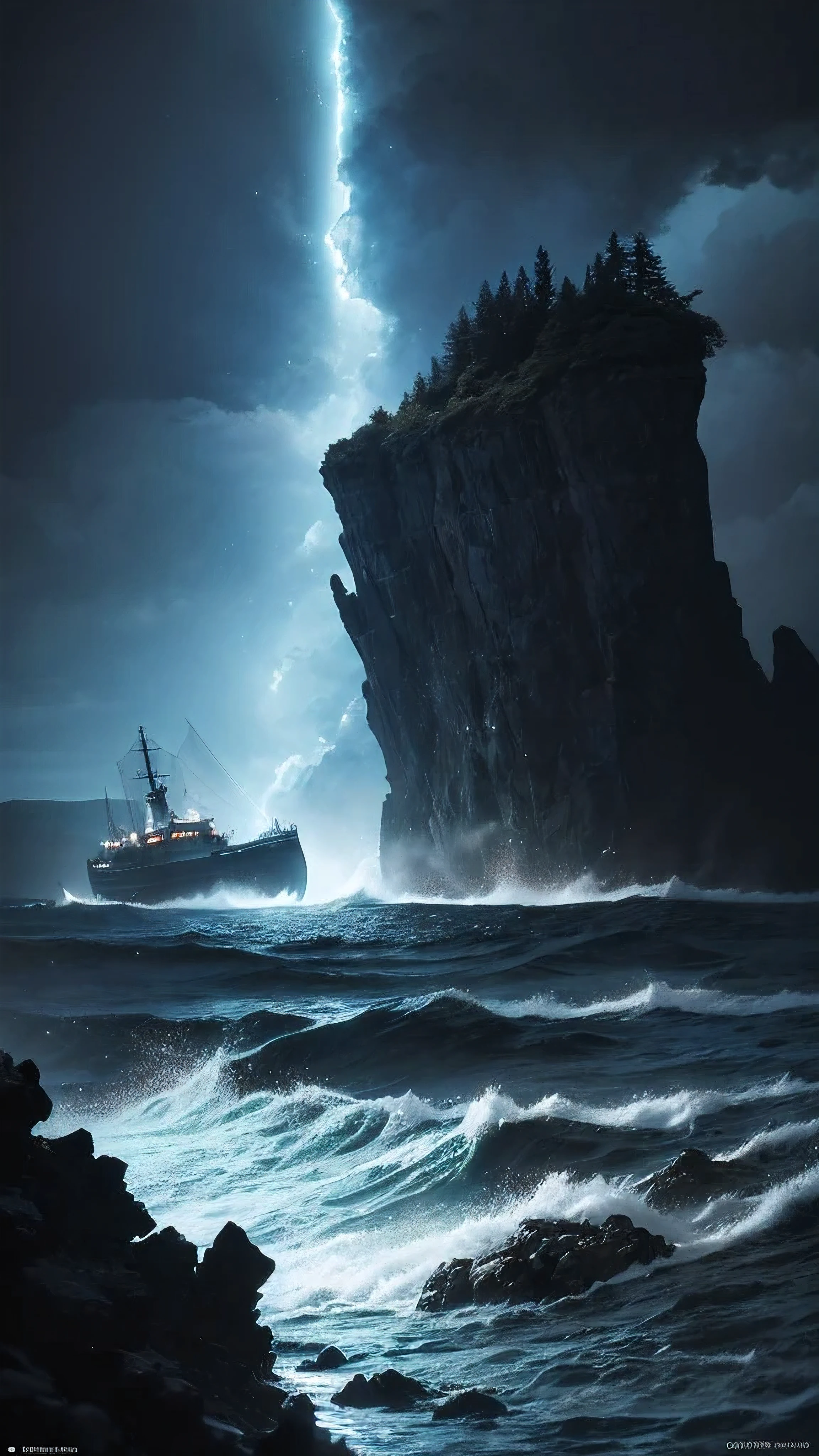 a magical scene.
A rocky coastline .
A raging sea with bioluminescent algae.
Blinding night sky , Cintilante, bright.
A ship far away on the horizon .