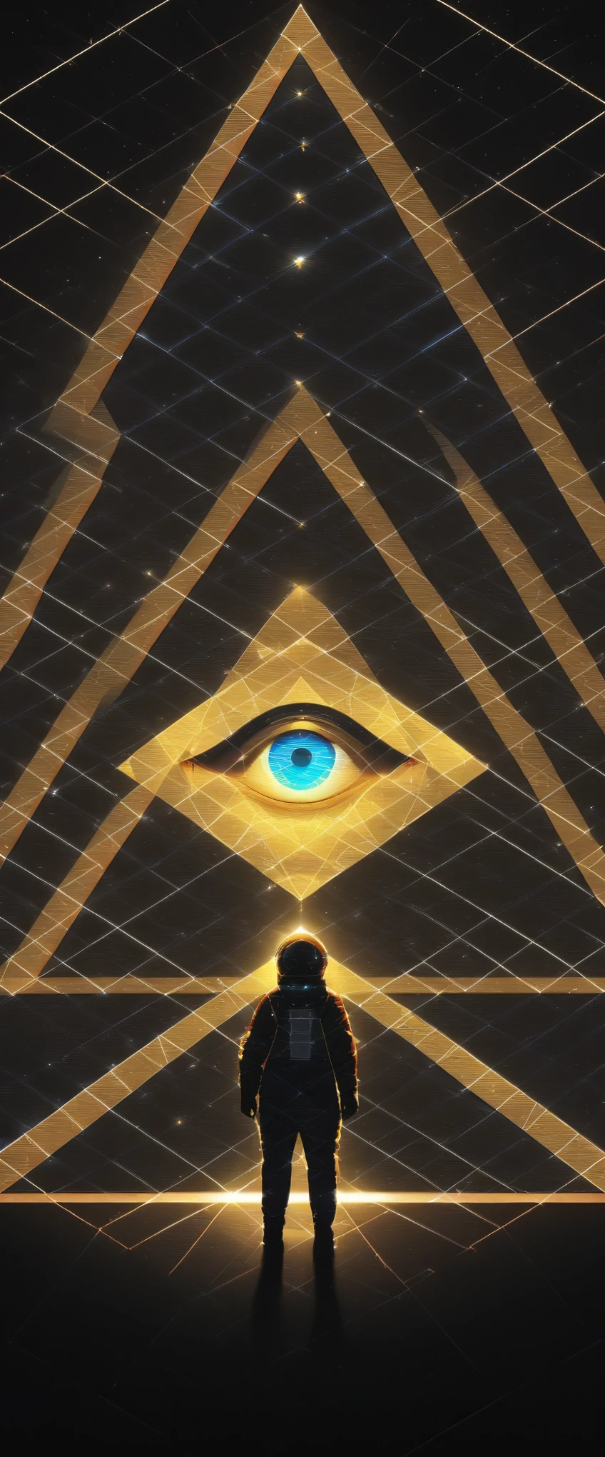 huge (Eye of Providence:1.2) in the sky,1boy\(astronaut, spacesuit, (from back:1.6), standing on asteroid, (astronaut looks so small from far away:1.8), looking up\),Eye of Providence\(so huge, (geometric:1.6),(baklit:1.4)\), BREAK ,background\(Eye of Providence in the sky, space, stars\), long shot, long view, low brightness, BREAK ,quality\(8k,wallpaper of extremely detailed CG unit, high resolution, top-quality, top-quality real texture skin, hyper realistic, increase the resolution, RAW photos, best quality, highly detailed, the wallpaper,golden ratio,high saturation realism, vibrant colors, dramatic lighting, persuasive storytelling, atmospheric scenery, captivating visuals, intricate details, strong emotions,dreamlike world\)