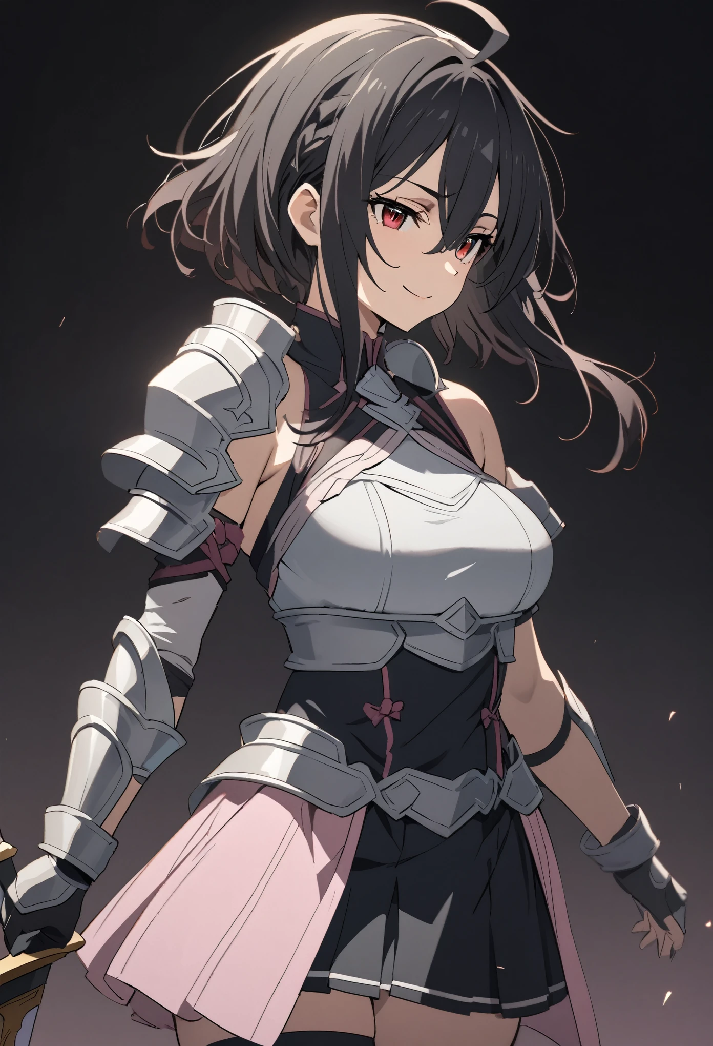 (high-quality, breathtaking),(expressive eyes, perfect face) 1girl, female, solo, mature, half open eyes, Alicization, Symmetrical Eyes, simple background, gentle smile, long hair, fantasy outfit, SAO inspired, maomao, armor, sword art online outfit, cowboy shot, medium full shot, black hair color, bangs, alluring red eyes, large breasts, knight attire, Bicep-high Gauntlets, Armored Boots, Thigh-high Heeled Boots, Armored Gauntlets, Adventurer gear, Skirt, black white and pink color palette, black clothes, light pink accents on clothes, hair between eyes, fluffy hair, half open eyes, hair over one eye, small Ahoge, bright red eye color, short hair, (NO braids in hair)