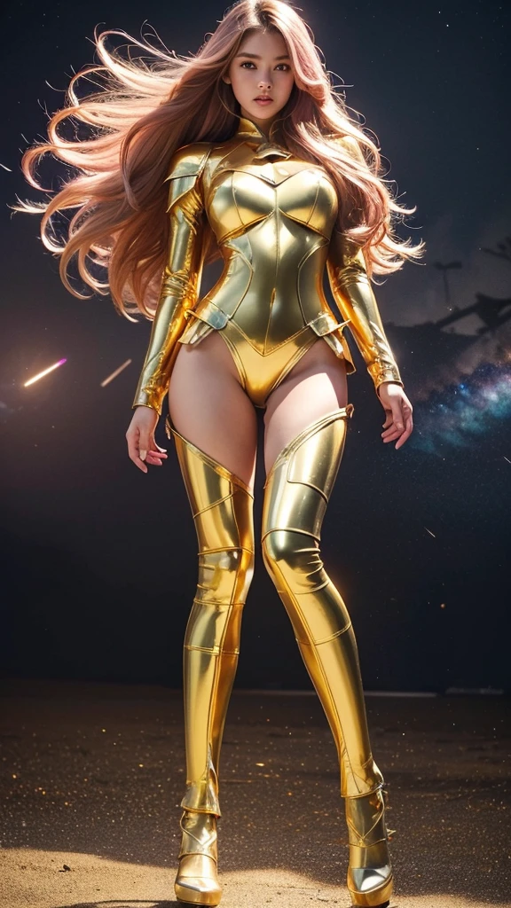 ((best quality)), ((masterpiece)), (ultra detailed lights), ((full body shot)), indonesian girl, extremely beautiful, ((slim body)), thighs gap, ultra face details, 20 years old, ((pink curvy-hair)), ((hair blown by strong winds :1.3)), Award-winning photograph, ((symmetrical pose)), teen goddess in ((full body golden black armor)) are in the middle of battlefield, posing in the middle, ((thight golden armour)), ((extremely details armor)), ((tight latex panties)), ((24k-gold armor)), ((edge luminous armor)), epic lights reflections, at beach, full of stars, orange clouds, nebula sky, epic aurora borealis in the background, shooting stars, ((from below))