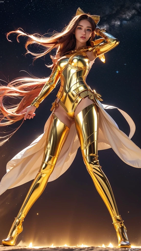 ((best quality)), ((masterpiece)), (ultra detailed lights), ((full body shot)), ((skinny body)), indonesian girl, extremely beautiful, ((slim body)), thighs gap, ultra face details, 20 years old, ((pink curvy-hair)), ((hair blown by strong winds :1.3)), Award-winning photograph, ((symmetrical pose)), teen goddess in ((full body golden black armor)) are in the middle of battlefield, posing in the middle, intricate details, ((thight golden armour)), ((extremely details armor)), ((tight latex panties)), ((24k-gold armor)), ((edge luminous armor)), cameltoe, luminescent, epic lights reflections, at beach, full of stars, orange clouds, nebula sky, epic aurora borealis in the background, shooting stars, ((from below))