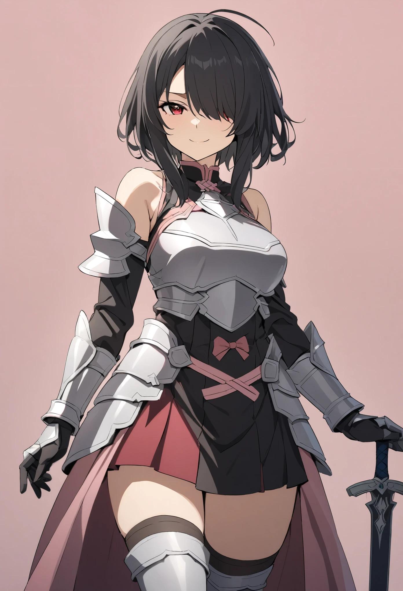 (high-quality, breathtaking),(expressive eyes, perfect face) 1girl, female, solo, mature, half open eyes, Alicization, Symmetrical Eyes, simple background, gentle smile, long hair, fantasy outfit, SAO inspired, maomao, armor, sword art online outfit, cowboy shot, medium full shot, black hair color, bangs, alluring red eyes, large breasts, knight attire, Bicep-high Gauntlets, Armored Boots, Thigh-high Heeled Boots, Armored Gauntlets, Adventurer gear, Skirt, black white and pink color palette, black clothes, light pink accents on clothes, hair between eyes, short black hair, half open eyes, hair over one eye, small Ahoge, bright red eye color, short hair, (NO braids in hair)