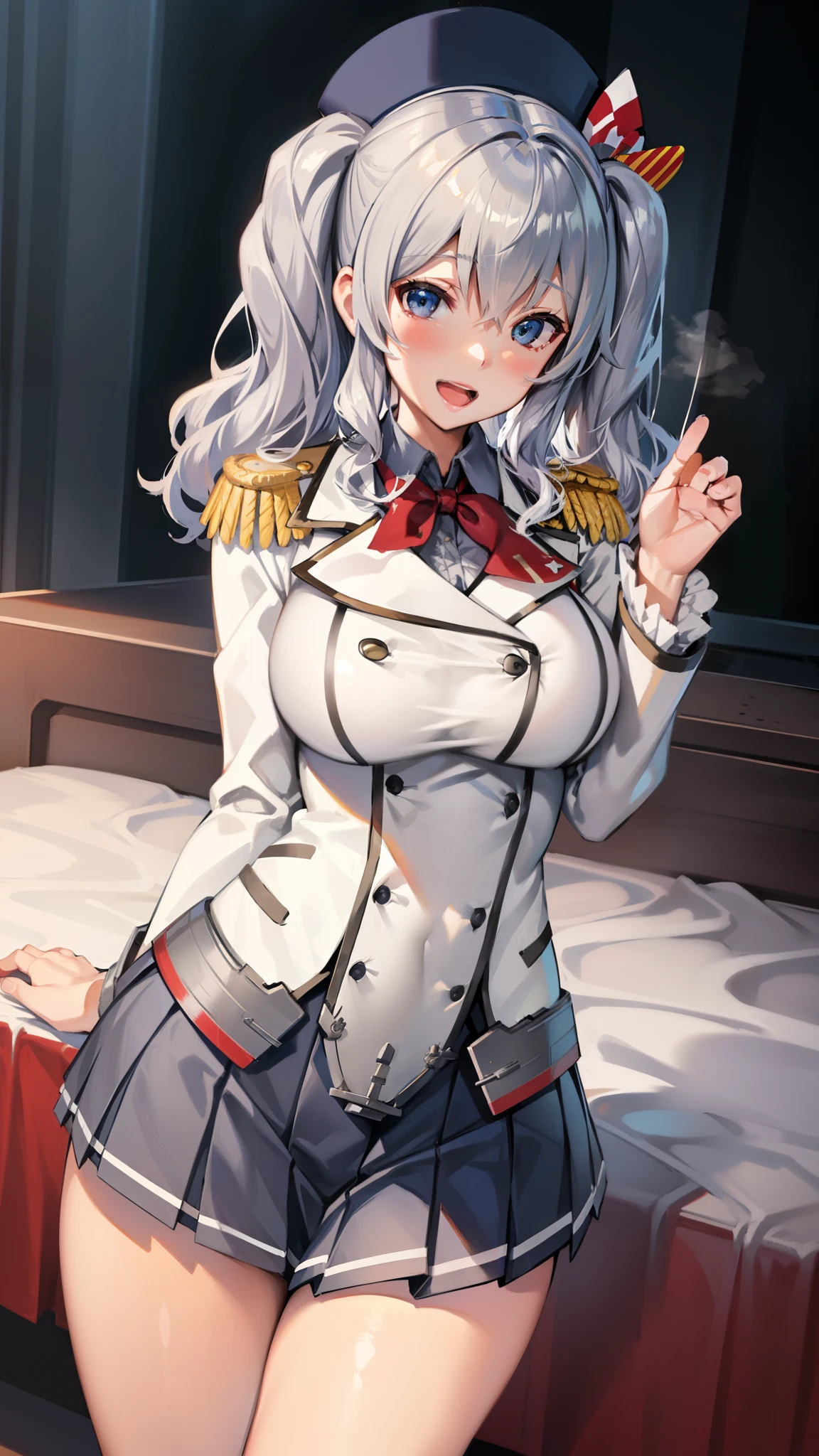 Open mouth, large breasts ,blue eyes,BTPT-FC,wide hips,smile,,wide hips,open mouth,wavy hair,solo,kashima,twintail,
silver hair,tsurime,kantai collection, smile,,wide hips, best quality,white jacket, military jacket, military uniform,gray skirt,pleated skirt,hat,standing,cowboy shot,room,red neck ribbon,frilled sleeves