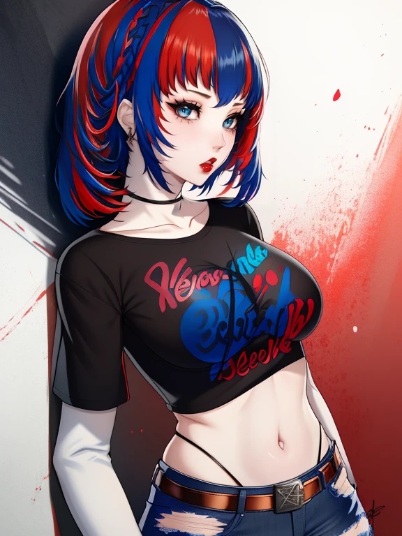 aleardef, blue hair, red hair, multicolored hair, blue eyes, red eyes ,multicolored eyes, ,glossy lips, earings ,1girl, solo, black t-shirt, white shirt, blue jeans, belt, lipstick, large breasts
