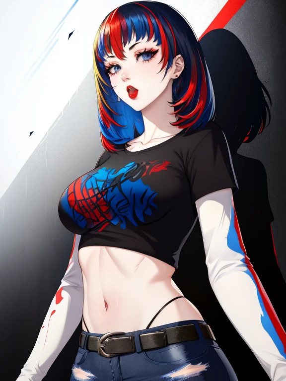 aleardef, blue hair, red hair, multicolored hair, blue eyes, red eyes ,multicolored eyes, ,glossy lips, earings ,1girl, solo, black t-shirt, white shirt, blue jeans, belt, lipstick, large breasts
