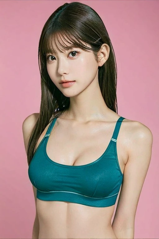 Low-fabric sports bra、Standing with your legs apart、 Japanese、high school student、One female、Big Eyes、Thick lips、Beautiful face、shame:2、Mid-chest:1.5、 beautiful boobs :2、 chest emphasis 、Navel:2、 face the front 、masterpiece、Best Quality、Professional Lighting、Colorful background