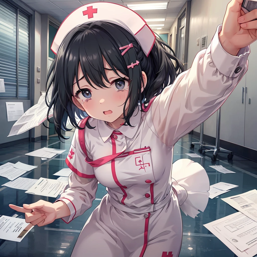  cute nurse dives horizontally on the hospital floor, exaggerated crying face , Black Hair ,Hairstyle Summary, pop angel mark hair clip ,Intense movement,Scattered documents,Scattered documents,Documents dancing in the air 