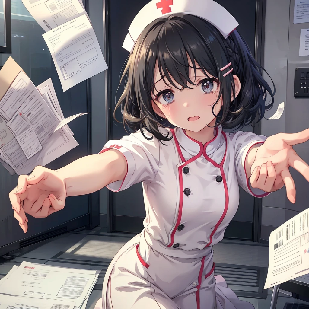  cute nurse dives horizontally on the hospital floor, exaggerated crying face , Black Hair ,Hairstyle Summary, pop angel mark hair clip ,Intense movement,Scattered documents,Scattered documents,Documents dancing in the air 